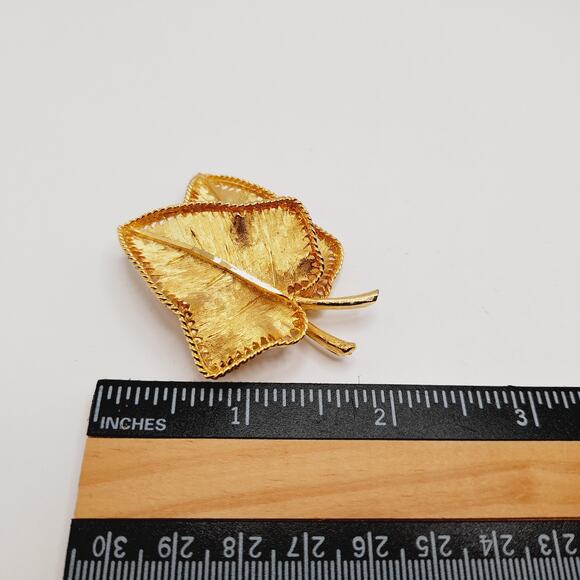 Vintage B.S.K. Gold Plated Leaf Brooch, Textured Double Leaf Design, 2 Inches - Picture 7 of 7
